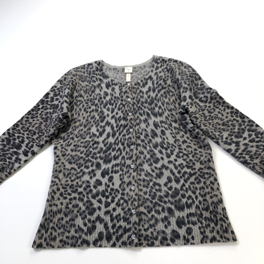 Aqua 100% Cashmere Medium Cardigan Sweater Animal Print Button 3/4 Sleeve Gray